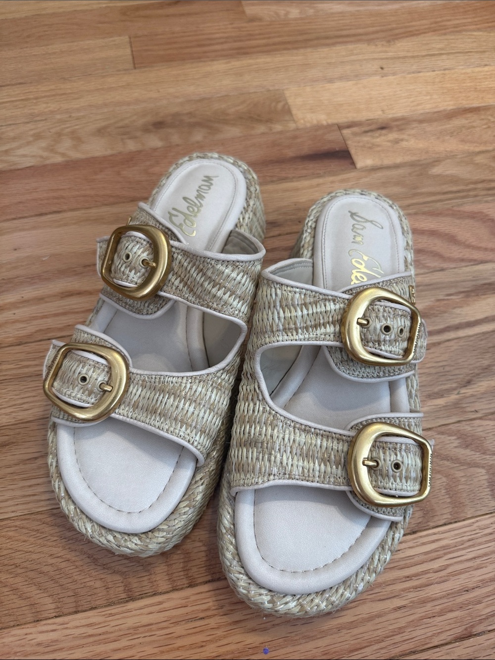 Sam Edelman Woven Raffia Slide Sandals with Gold Buckles - Natural
